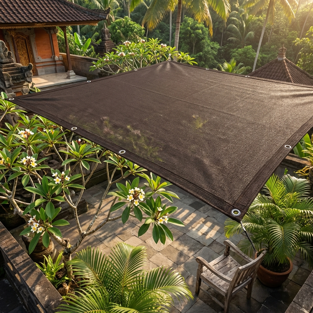 SolarShield Premium™ Coklat Natural - Teras Backyard dengan Tanaman Tropis